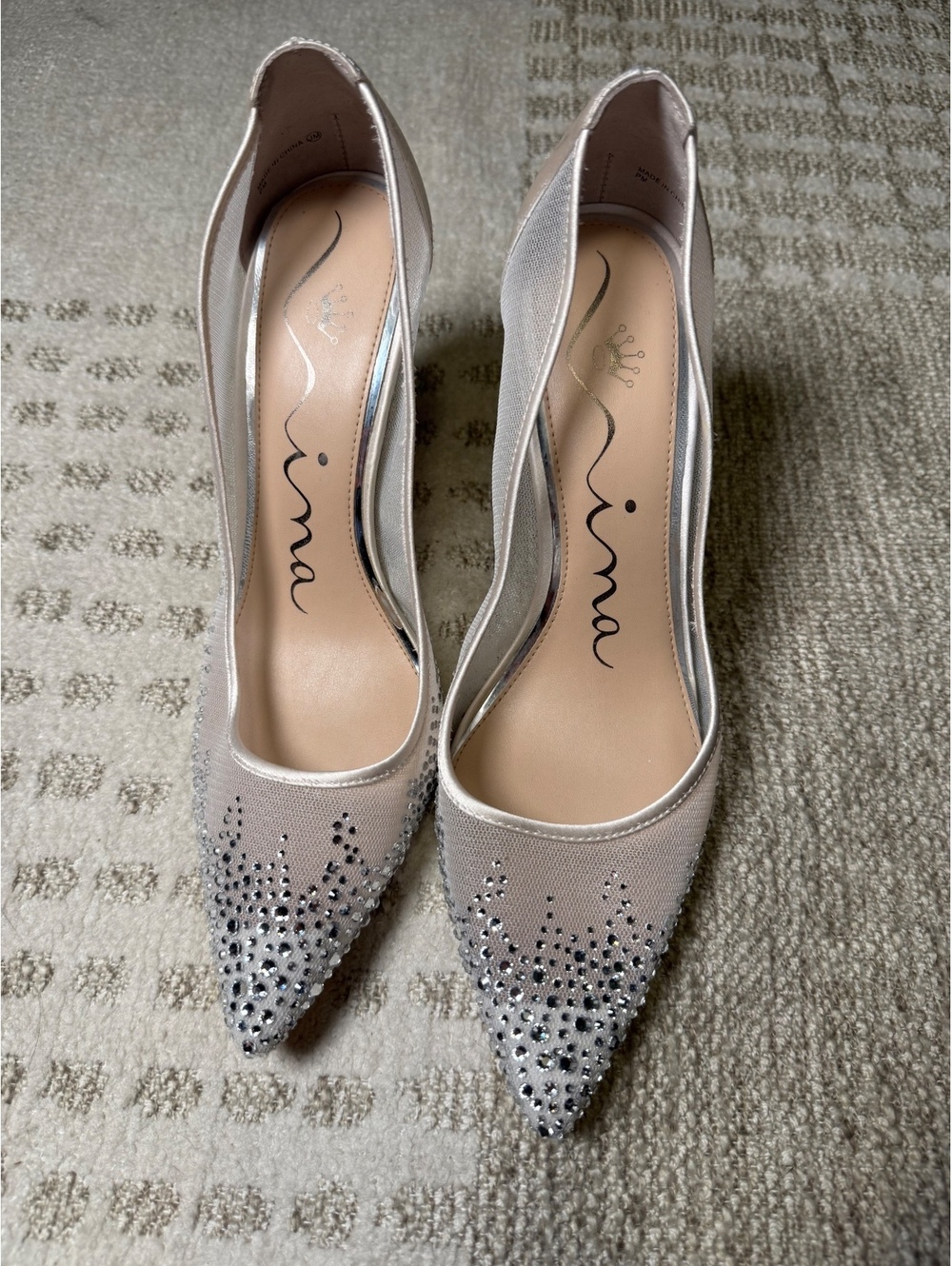 Nina Satin and Mesh Embellished Pointed Toe Heels
